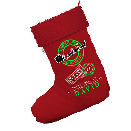 Personalised Express North Pole Delivery Jumbo Red Santa Claus Christmas Stockings With Red Faux Fur Trim