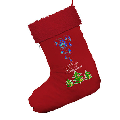 Merry Christmas Trees And Ornaments Jumbo Red Christmas Stockings Socks With Red Faux Fur Trim