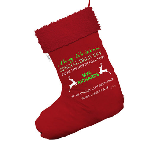 Personalised North Pole Reindeer Jumbo Red Deluxe Christmas Stocking With Red Faux Fur Trim