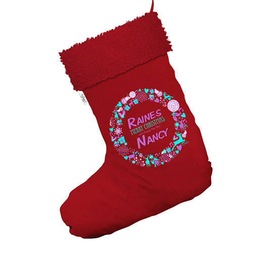 Personalised Christmas Wreath Jumbo Red Santa Claus Christmas Stockings With Red Faux Fur Trim