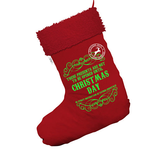 Vintage Do Not Open Until Christmas Day Jumbo Red Christmas Stockings Socks With Red Faux Fur Trim