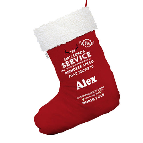 Personalised The Santa Express Service Red Christmas Stocking With White Fur Trim