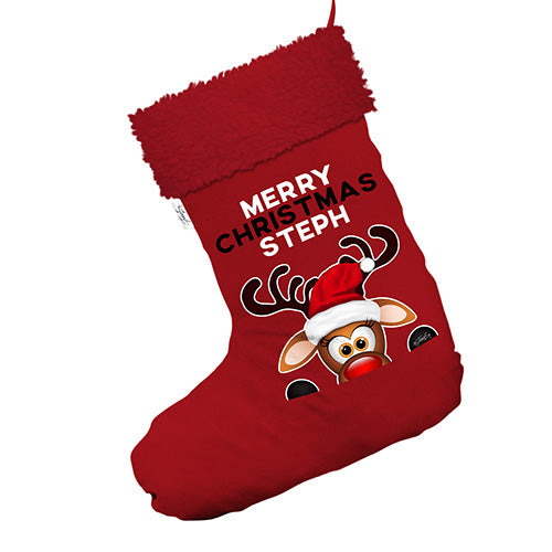 Personalised Peeking Christmas Reindeer Jumbo Red Christmas Stockings Socks With Red Faux Fur Trim