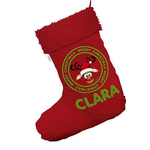 Personalised Christmas Reindeer Stamp Circle Jumbo Red Santa Claus Christmas Stockings With Red Faux Fur Trim