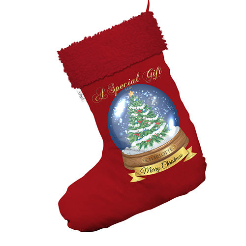 Snow Globe Merry Christmas Personalised Jumbo Red Santa Claus Christmas Stockings With Red Faux Fur Trim