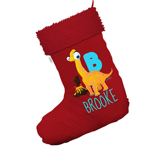 Personalised Baby Dinosaur Letter B Jumbo Red Santa Claus Christmas Stockings With Red Faux Fur Trim