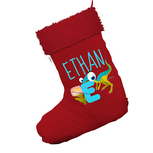 Personalised Baby Dinosaur Letter E Jumbo Red Santa Claus Christmas Stockings With Red Faux Fur Trim
