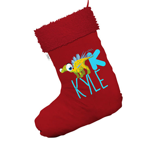 Personalised Baby Dinosaur Letter K Jumbo Red Santa Claus Christmas Stockings With Red Faux Fur Trim
