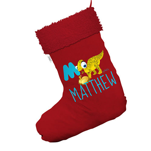 Personalised Baby Dinosaur Letter M Jumbo Red Christmas Stocking With Red Faux Fur Trim