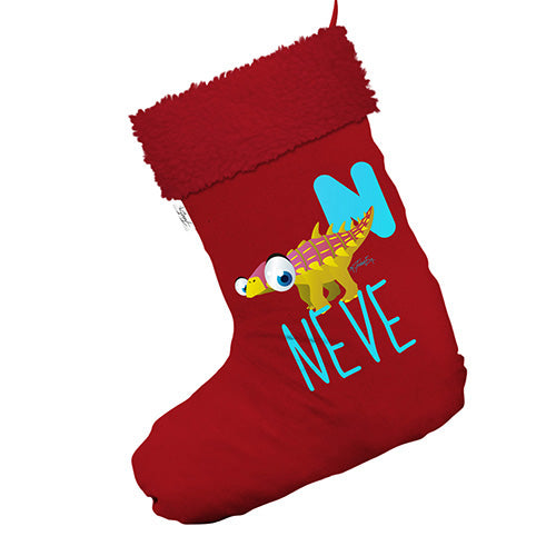 Personalised Baby Dinosaur Letter N Jumbo Red Christmas Stocking With Red Faux Fur Trim