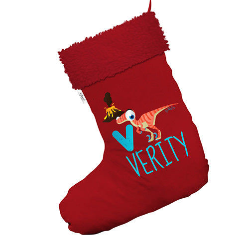 Personalised Baby Dinosaur Letter V Jumbo Red Deluxe Christmas Stocking With Red Faux Fur Trim