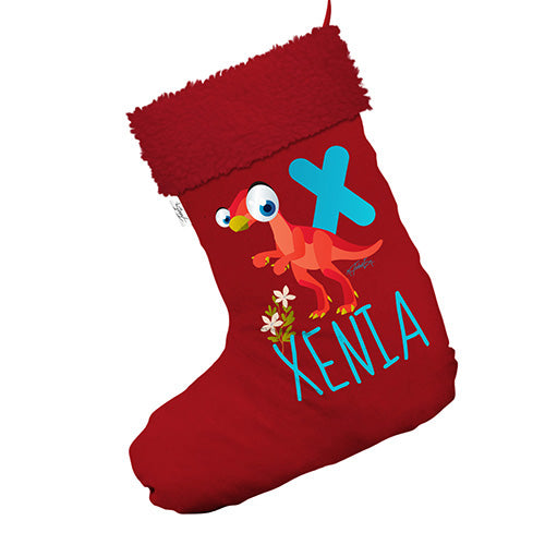 Personalised Baby Dinosaur Letter X Jumbo Red Christmas Stockings Socks With Red Faux Fur Trim