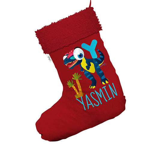 Personalised Baby Dinosaur Letter Y Jumbo Red Deluxe Christmas Stocking With Red Faux Fur Trim