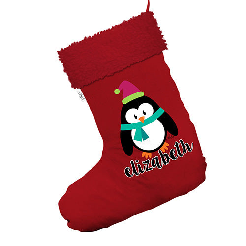 Personalised Christmas Penguin Jumbo Red Christmas Stockings Socks With Red Faux Fur Trim
