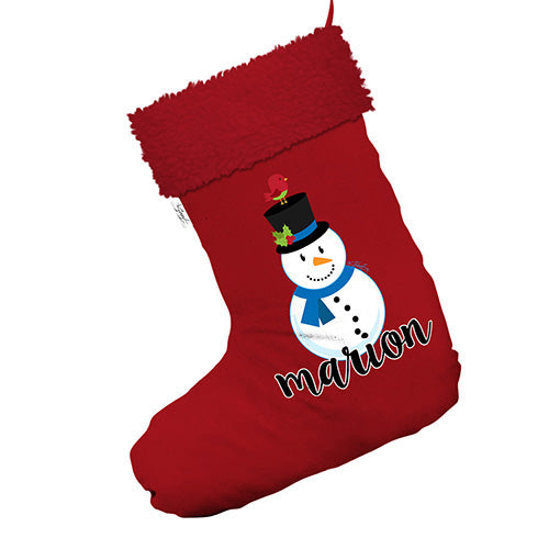 Personalised Cartoon Snowman Jumbo Red Christmas Stocking With Red Faux Fur Trim