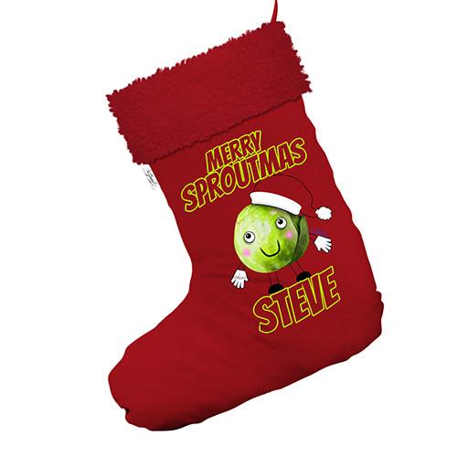 Personalised Merry Sproutmas Hat Jumbo Red Christmas Stockings Socks With Red Faux Fur Trim