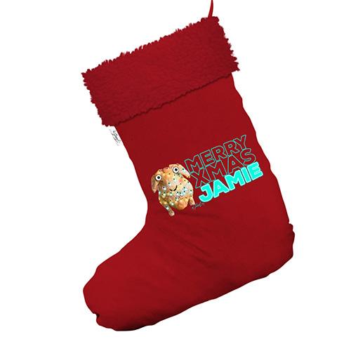 Personalised Cartoon Christmas Turkey Jumbo Red Deluxe Christmas Stocking With Red Faux Fur Trim