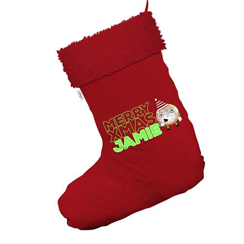 Personalised Cartoon Christmas Mince Pie Jumbo Red Deluxe Christmas Stocking With Red Faux Fur Trim