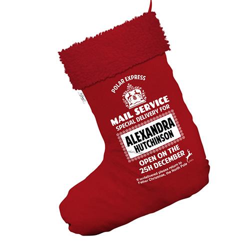 Personalised Polar Express Design Jumbo Red Christmas Stockings Socks With Red Faux Fur Trim
