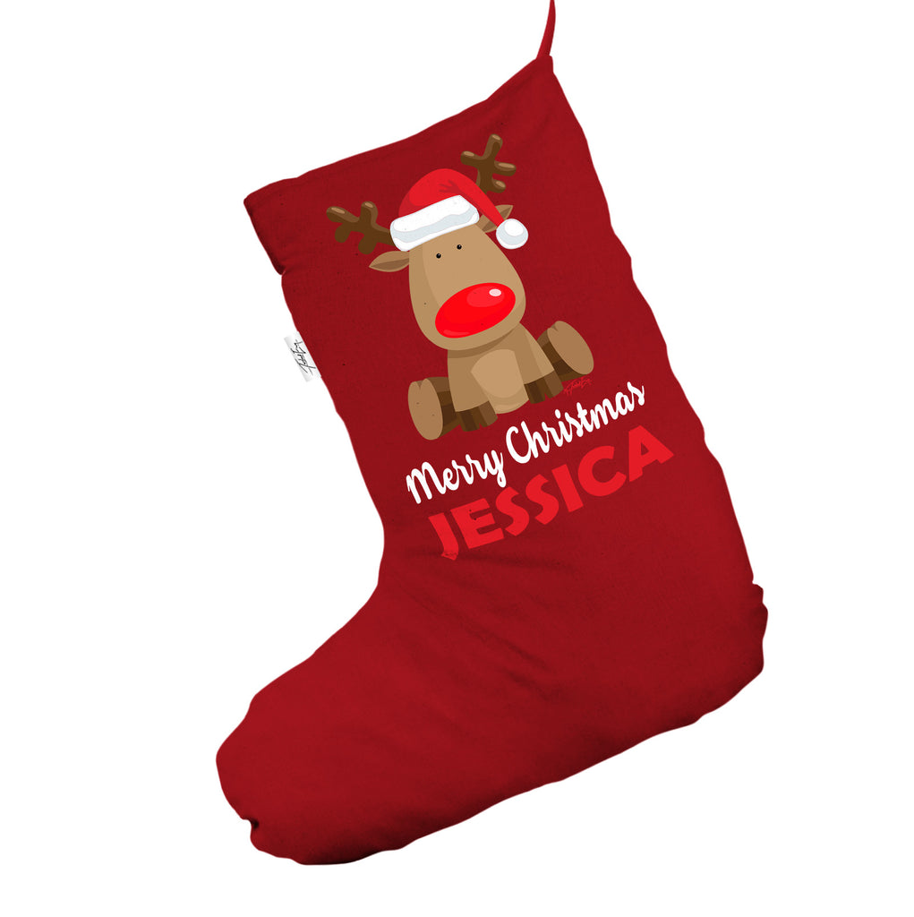 Personalised Merry Christmas Reindeer Red Christmas Stocking Gift Bag
