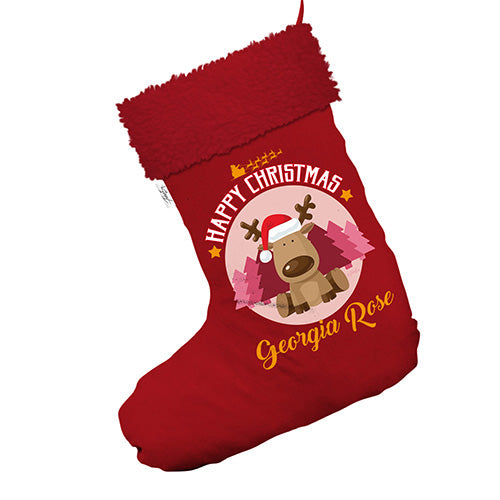 Personalised Christmas Reindeer Jumbo Red Deluxe Christmas Stocking With Red Faux Fur Trim