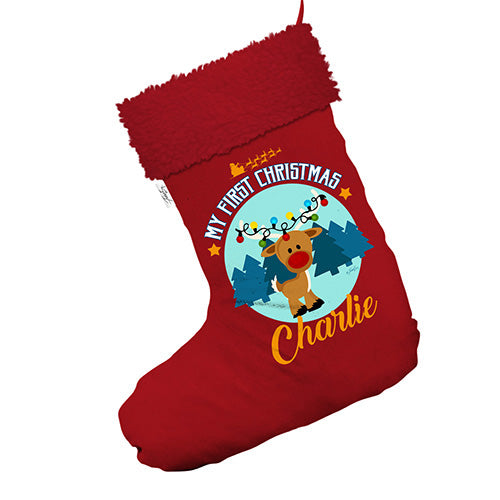Personalised My First Christmas With Reindeer Jumbo Red Christmas Stockings Socks With Red Faux Fur Trim