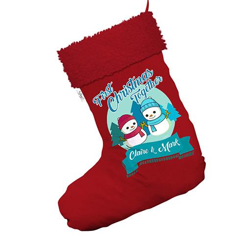 Personalised My First Snowman Christmas Jumbo Red Christmas Stocking With Red Fur Trim