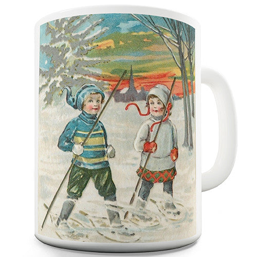 Christmas Card Kids In Snow Novelty Mug