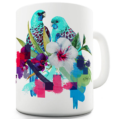 Watercolour Pixel Birds With Flowers Novelty Mug