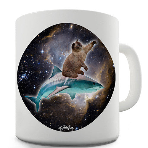 Cat Riding A Shark In Space Novelty Mug