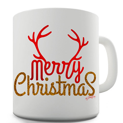 Merry Christmas Glitter Antlers Novelty Mug