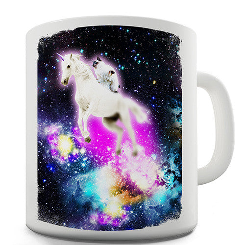 Cat Riding Unicorn In Space Novelty Mug