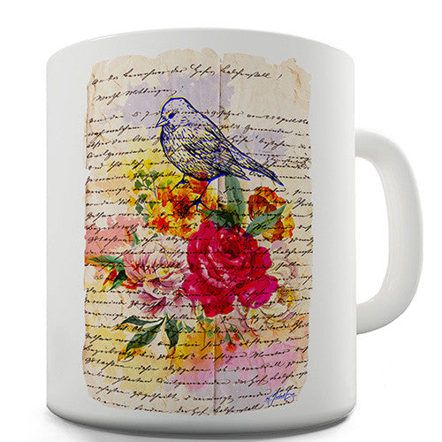 Book Print Bird And Flowers Novelty Mug
