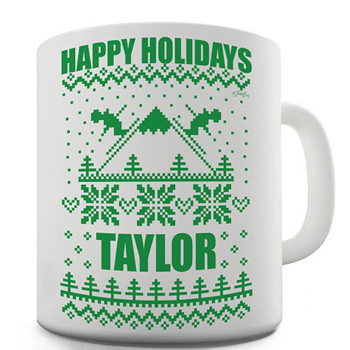 Happy Holidays Ski Pattern Personalised Mug