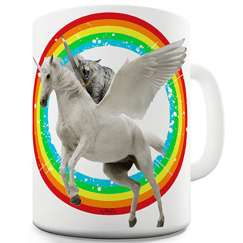 Cat Knight Riding Flying Unicorn Novelty Mug