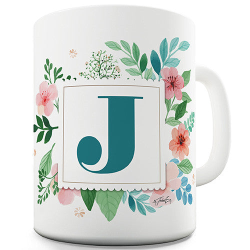 J Floral Letter Border Initial Novelty Mug