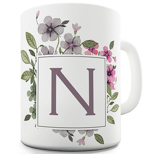 N Floral Letter Border Initial Novelty Mug