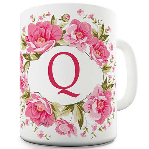 Q Floral Letter Border Initial Novelty Mug
