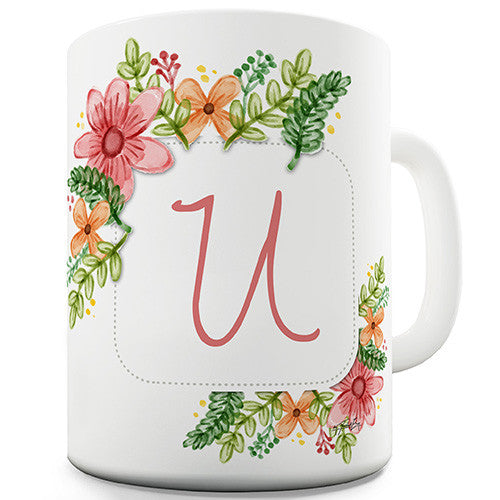 U Floral Letter Border Initial Novelty Mug