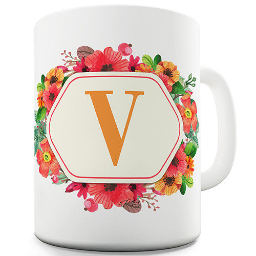 V Floral Letter Border Initial Novelty Mug