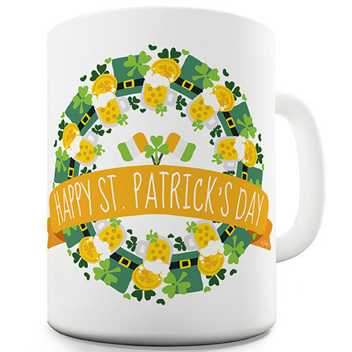 Happy St Patrick's Day Wreath Leprechaun Hat Beer Shamrock Ceramic Mug