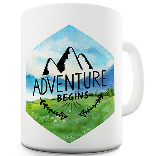 Adventure Begins Mountains Landscape Watercolour Hexagon Novelty Mug
