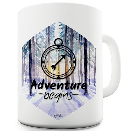 Adventure Begins Compass Forest Winter Hexagon Ceramic Mug