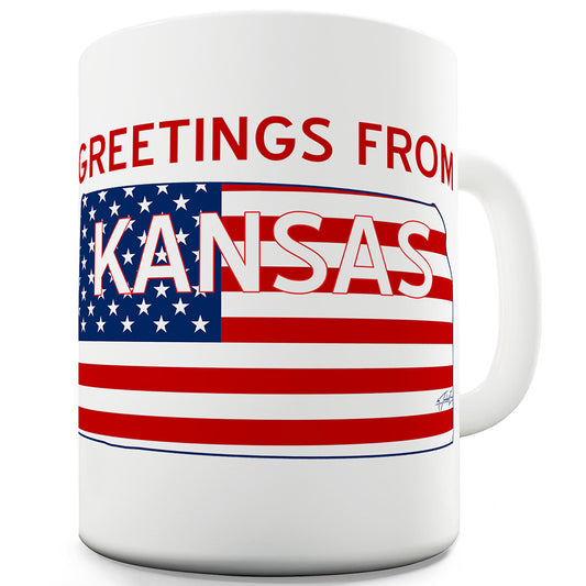 Greetings From Kansas Flag Ceramic Mug Slogan Funny Cup